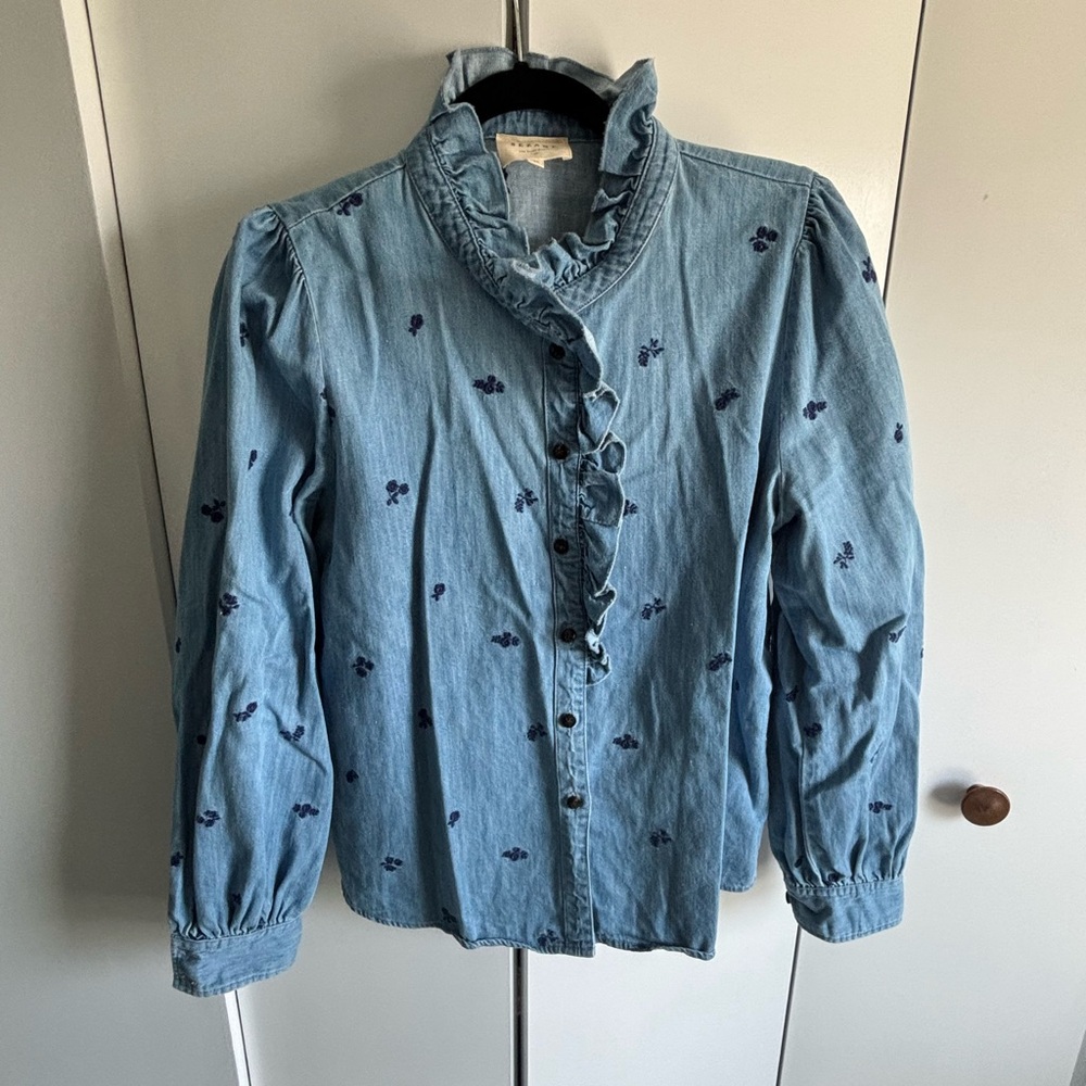 SEZANE Blue Ruffled Denim Blouse with Floral Embroidery
